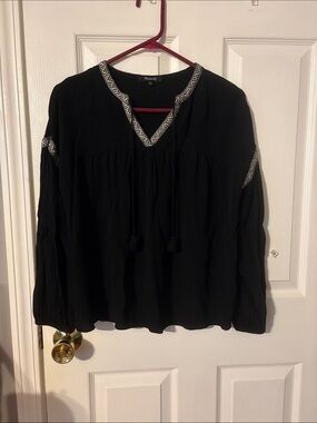 Madewell Black Peasant Blouse with Contrast Embroidered Trim